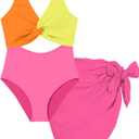 Funnycokid Girls One Piece Swimsuit Color Block Teen Bathing Suit with Pad Cover Up Skirt Yellow Orange(7-16Y)