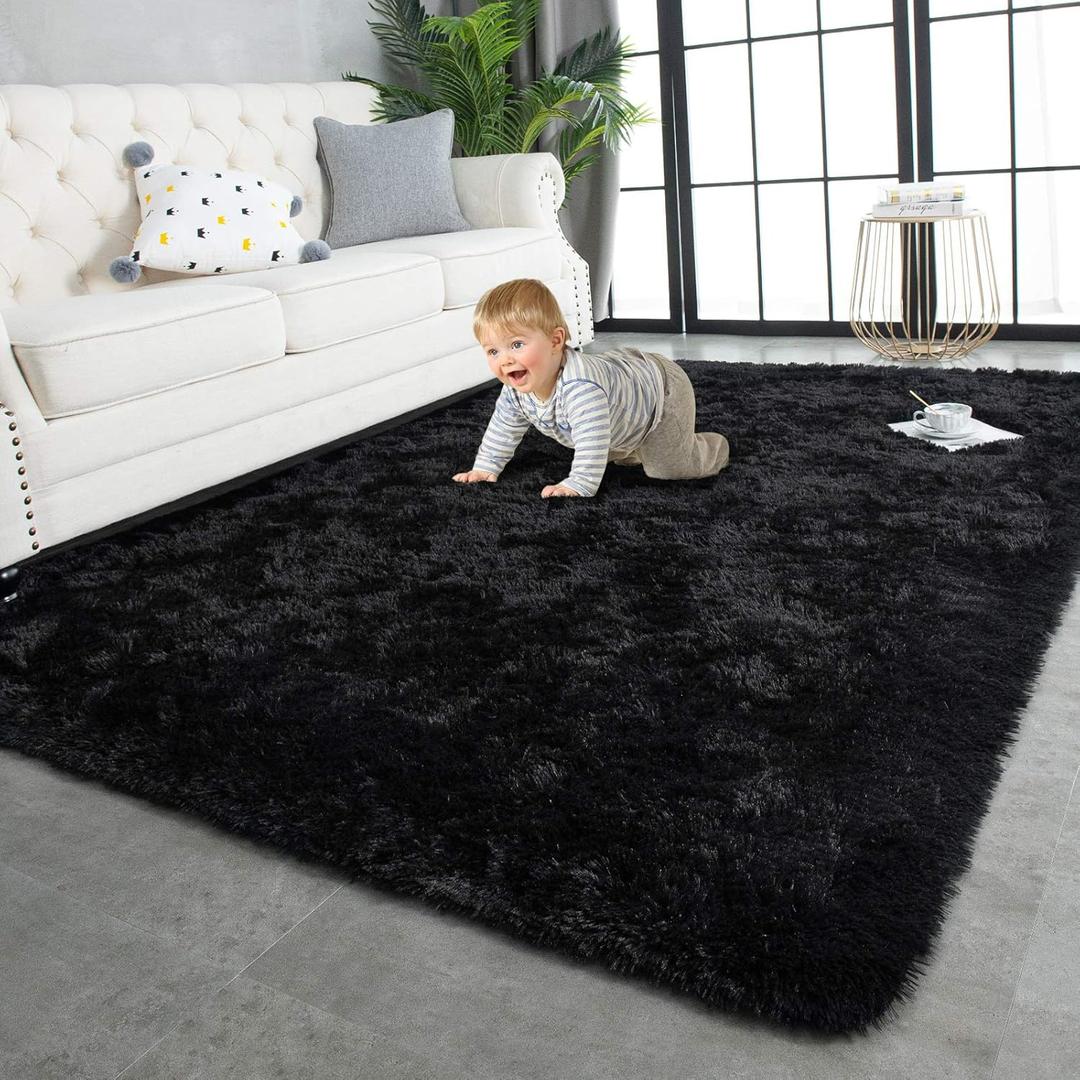 TWINNIS Super Soft Shaggy Rugs Fluffy Carpets, 5x8 Feet, Indoor Modern Plush Area Rugs for Living Room Bedroom Kids Room Nursery Home Decor, Upgrade AntiSkid Rectangular Fuzzy Rug, Black Gray