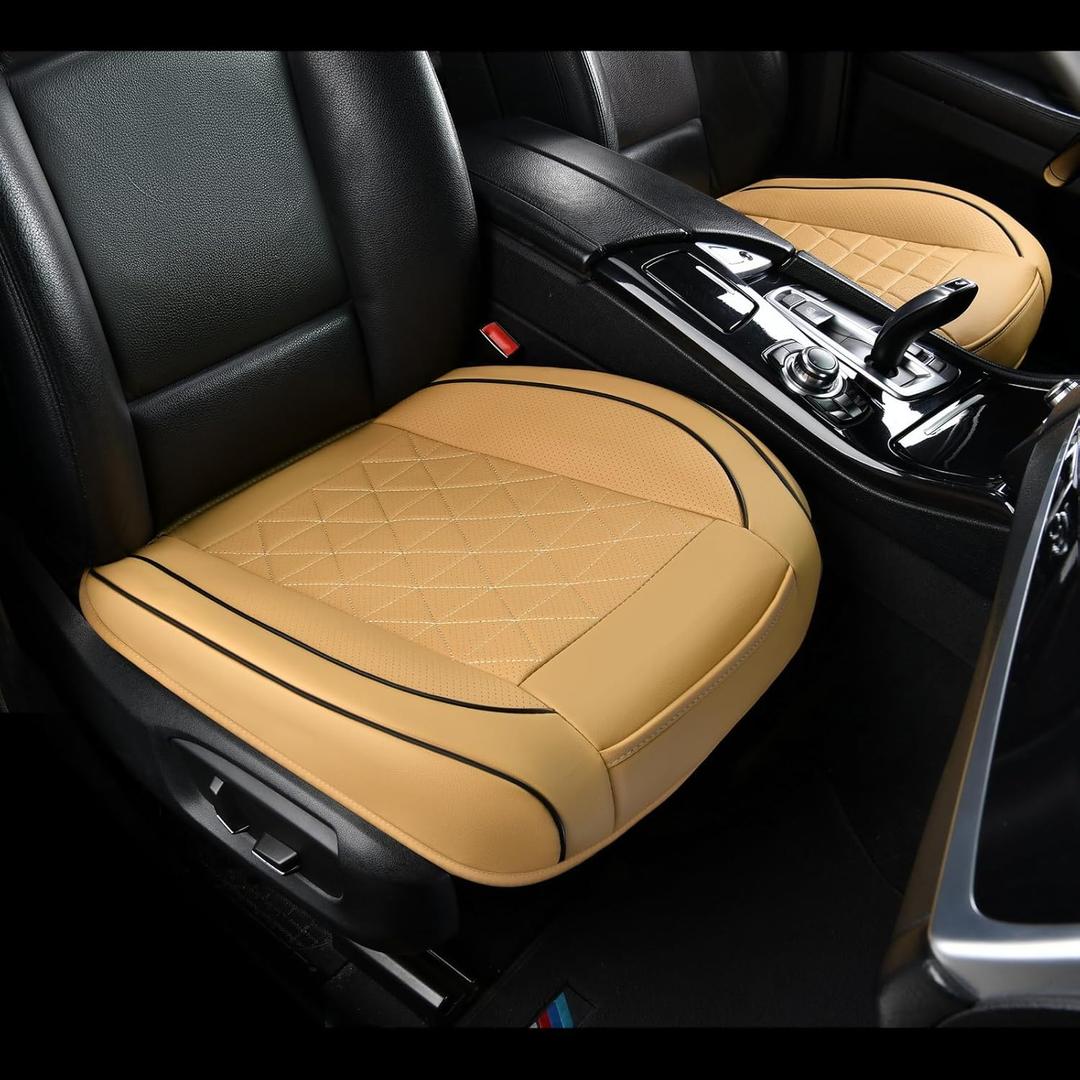 Luxury Leather Front seat Cover, Non Slip All Inclusive with Storage Bag, Suitable for 95% Sedan, SUV, Truck, 1 Piece Beige