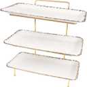 Three-Tier Ceramic Plate Rack - Foldable gold plate rack with three large 14-inch white plates for displaying food, fruit, desserts, and entertaining guests.