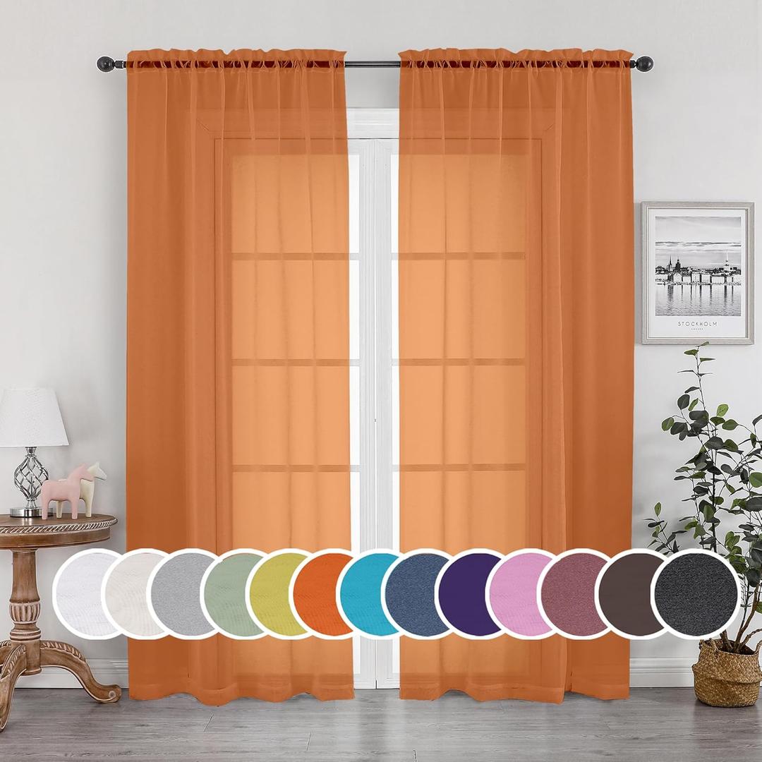 OWENIE Sheer Curtains 90 Inches Long 2 Panels Set for Bedroom, Light Filtering Sheer Curtains Rod Pocket Voile Drapes for Living Room, Airy Soft-Touching Drapes, Orange, Each 42" W x 90" L