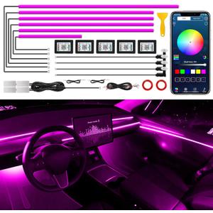 Acrylic Interior Car LED Strip Light with Wireless APP, 14 in 1 with 175 inches 593 LEDs Neon LED Strip Light, RGB Colors Dynamic Music Sync Car Ambient Lighting Kits