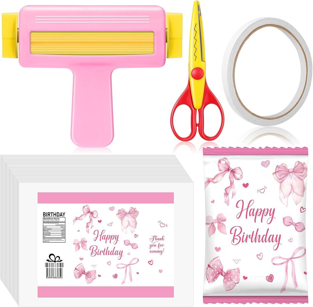 Paper Crimper, Pinking Shears, 30 Sheets Bowknot Glossy Thin Inkjet Paper, Double Sided Tape for Crafts Bowknot Birthday Party Supplies for Chip Bag Making