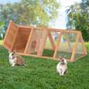 Rabbit Hutch, Small Chicken Coop Outdoor A-Frame Quail Cage with 2 Door & Run Cage Wooden Triangle Quail Hutch with Ventilating Wire Poultry Hutch for Small Animal (Wood)