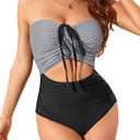 Smismivo Strapless Tummy Control Swimsuit for Women Bandeau or Halter Cutout One Piece Bathing Suits Color Block Sexy 2025 (M)
