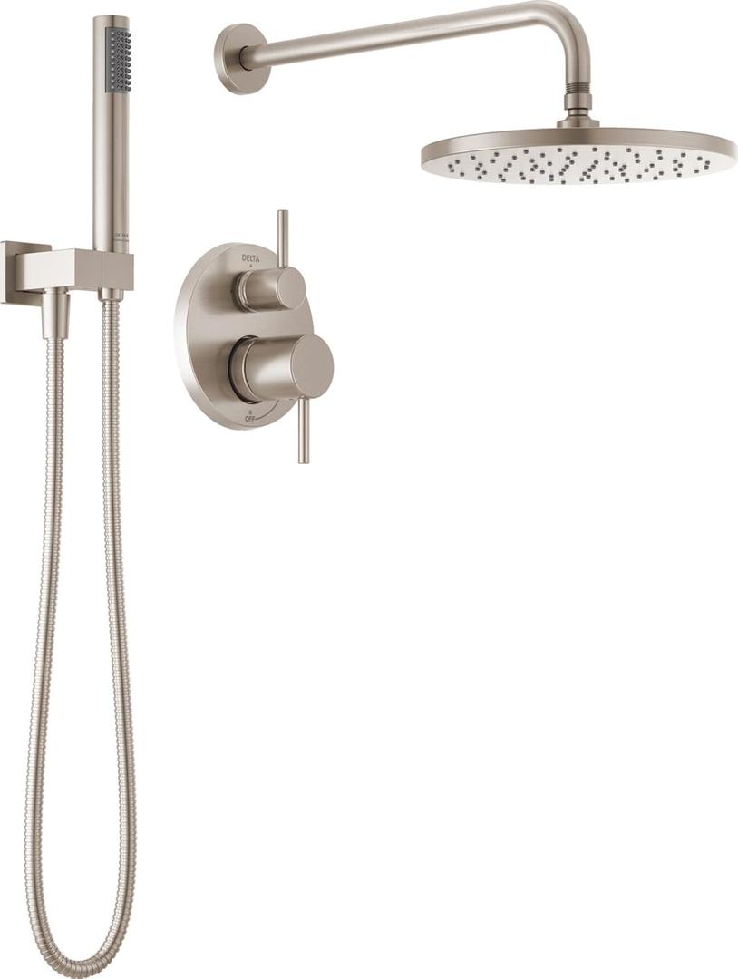 Delta Modern 14 Series Round Rain Shower System Faucet Set, Rainfall Brushed Nickel Shower Head and Handle Set, Valve Trim Kit, 10 Inch, Spotshield Stainless 342702-SP
