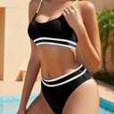 Women's High Waisted Bikini Sets Color Block Two Piece Swimsuit Scoop Neck Strap Crop Top Cheeky Bathing Suits (Purple, S)