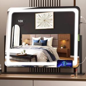 Hasipu Vanity Mirror with Lights, 24.2" x 18.9" LED Make up Mirror, Light up Mirror with 10X Magnification and USB Charging Port, Phone Holder, Smart Touch 3 Colors Dimmable, 360 Rotation (Black)