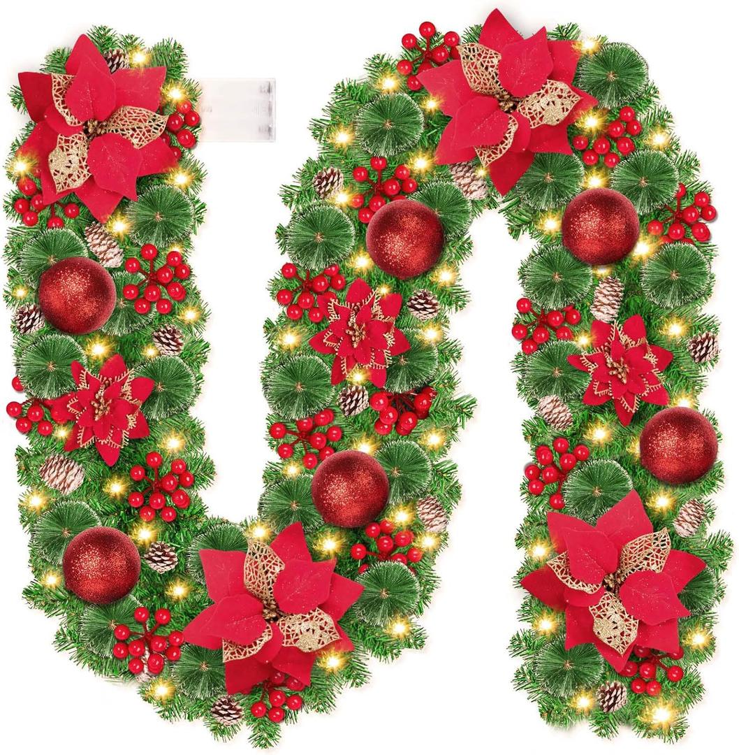 Christmas Garland with Lights, 9FT Lighted Christmas Garland with 30 LED, Prelit Garland Battery Operated Garland Christmas Decorations for Stairs Railing Fireplace Mantle Front Door Porch Home