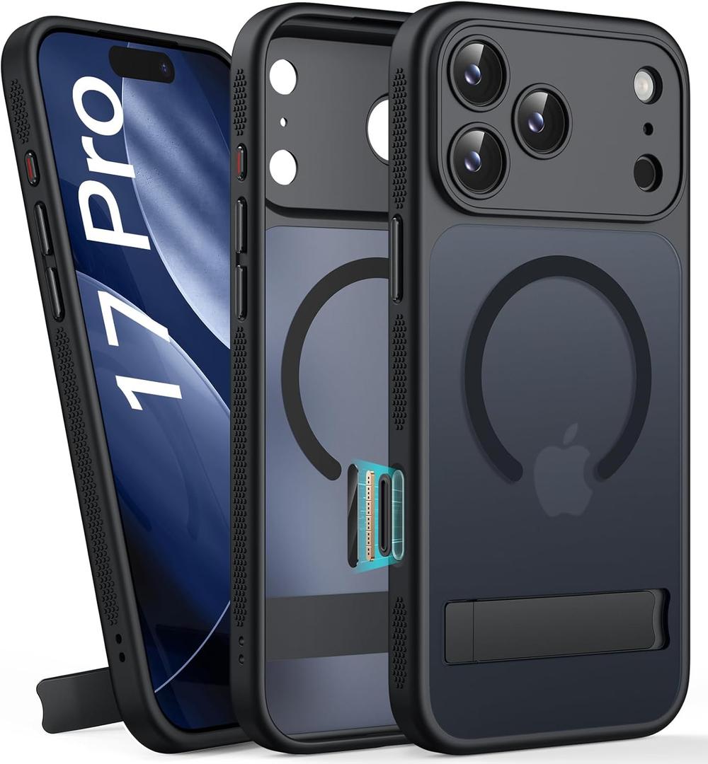 BXYJY for iPhone 17 Pro Magnetic Case with Stand, Camera Control Button, Compatible with MagSafe, Full Lens Protection, Rugged Military Grade Drop, Translucent Matte Slim Case for iPhone 17 Pro, Black