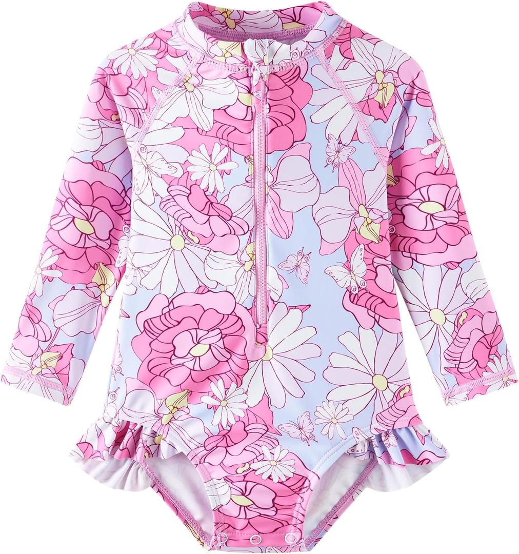 UMELOK Baby Girls' One Piece Swimsuit Rash Guard Swimwear Long Sleeve with UPF 50+ Sun Protection (2-3T, Pink Daisy)