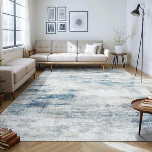 9'x12' Washable Area Rug - Modern Abstract Large Carpet for Living Room, Bedroom & Dining Room, Stain Resistant, Soft, Non-Slip, Machine Washable (Blue Grey)