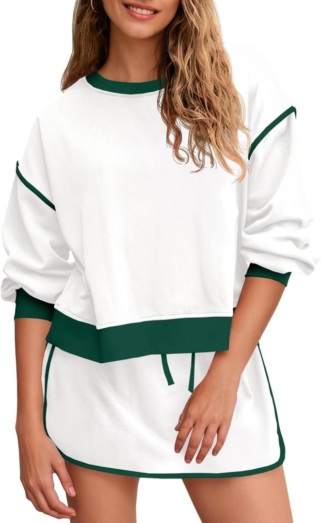 Fisoew Womens Sweatsuits 2 Piece Set Crewneck Sweatshirts High Waisted Skort Skirts Tennis Running Tracksuits Shorts Sets (White, L)