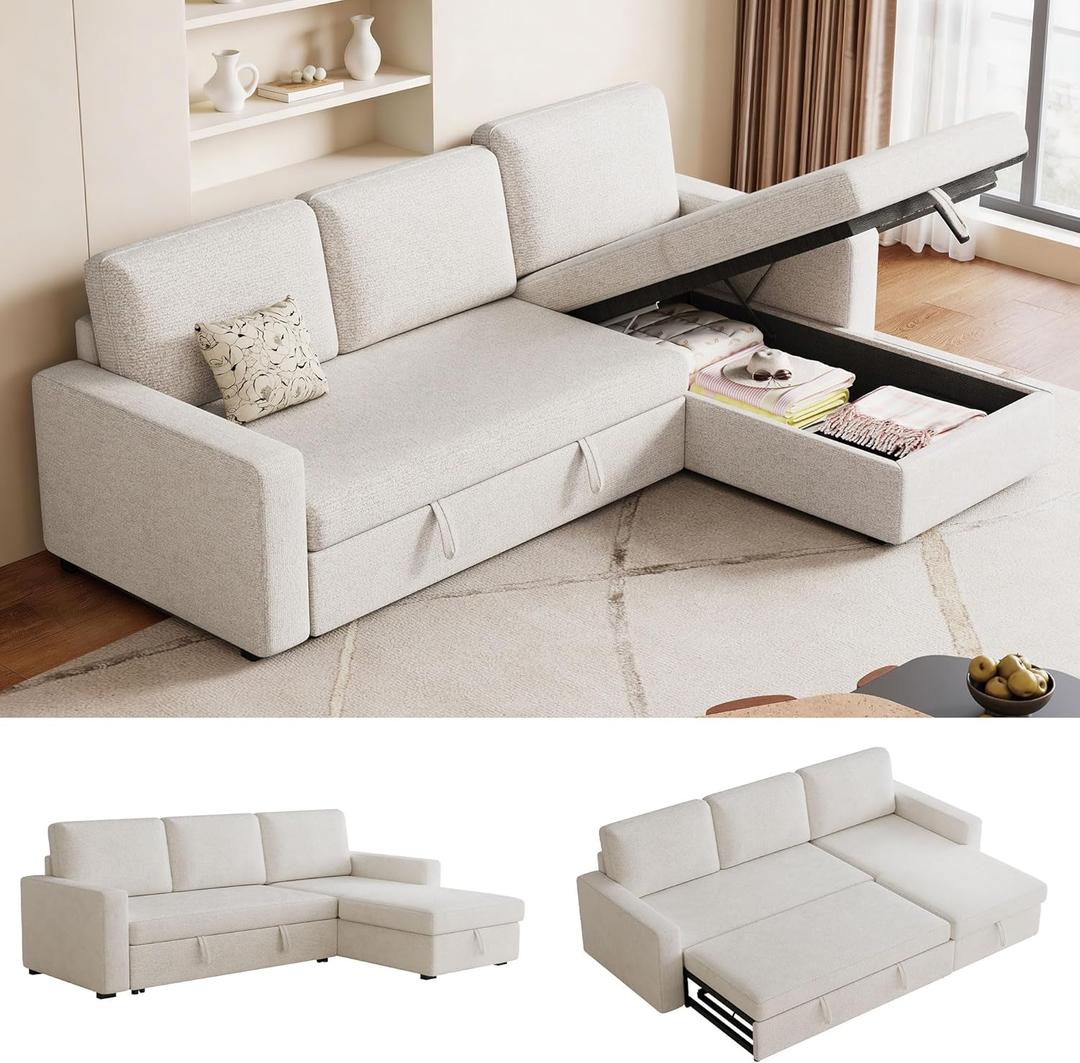 81.5" Convertible L Shaped Sleeper Sofa Bed with Storage Chaise, 3-Seat Pull Out Sectional Couch & Removable Cushions, Chenille Fabric for Small Apartment, Living Room, Beige