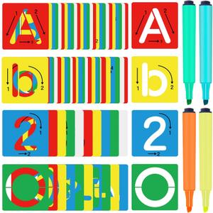 72 Pieces Preschool Letters and Numbers Alphabet Stencils Colorful Double Sided Tracing Board PET Paint Boards for Painting with 4 Pieces Craft Markers Marker Paint Pens Preschool Learning Toys
