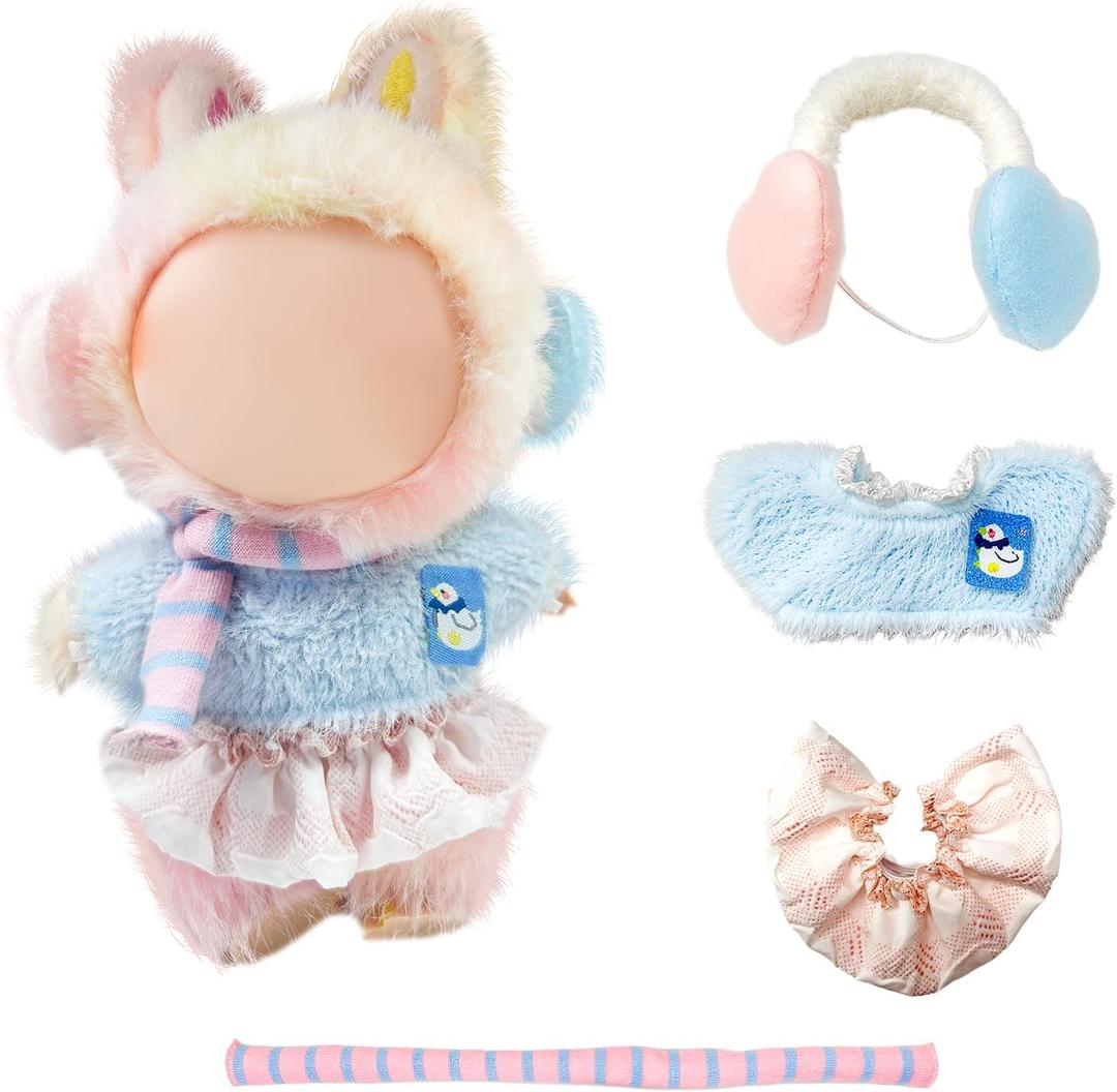17cm Doll Clothes,Clothes for Dolls Outfit, Accessories for Dolls Clothes, Cute Clothes Set for Doll,No Doll Included(Blue Top+Dress+Earmuffs+Scarf)