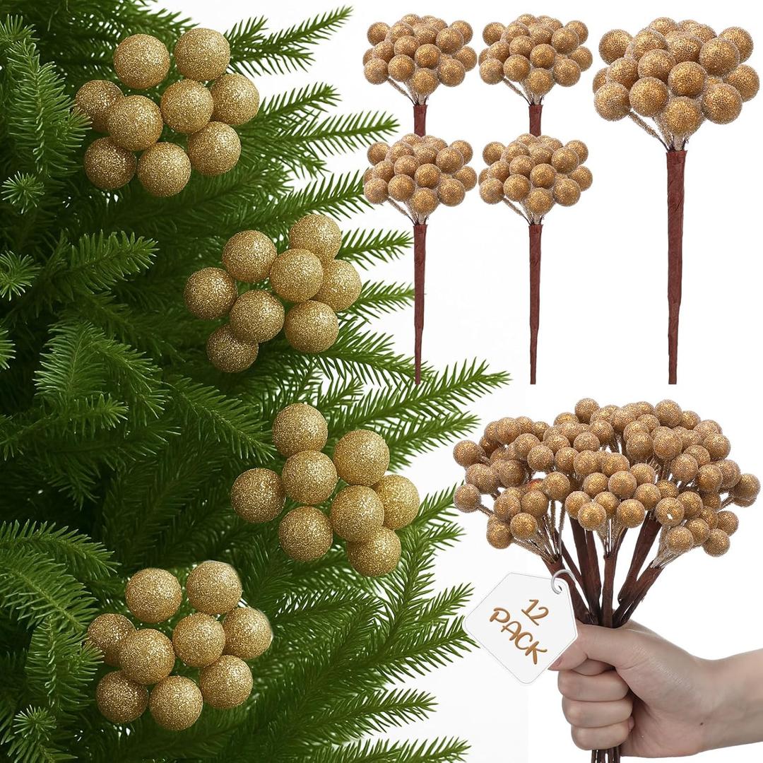 Leinuosen 12 Pack Christmas Tree Champagne Gold Sugared Berry Picks 9 Inch Artificial Christmas Wreath Berry Stems Xmas Branches Ornaments Decorations for Tree Topper Vase Fillers Home Table Decor