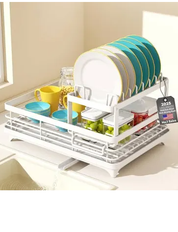 Stainless Steel Dish Drying Rack, Dish Rack for Kitchen Counter, Rust-Proof Large 2 Tier Metal Dish Racks, Utensil Holder, Cup Holder (Black)