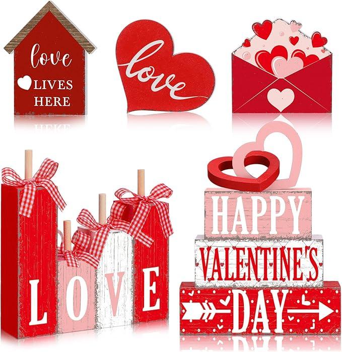 Vercraft 11 Pcs Valentine's Day Table Decorations Red Heart Tiered Tray Decor Love Centerpiece Pink Wooden Books Home Table Top Decor for Wedding Party Supplies