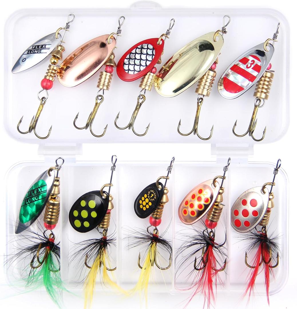 10/30pcs Fishing Lure Spinnerbait with Feathered Treble Hooks Rooster Tail Fishing Lures Spoon Lures for Bass Salmon Trout Spinner Baits with Tackle Box