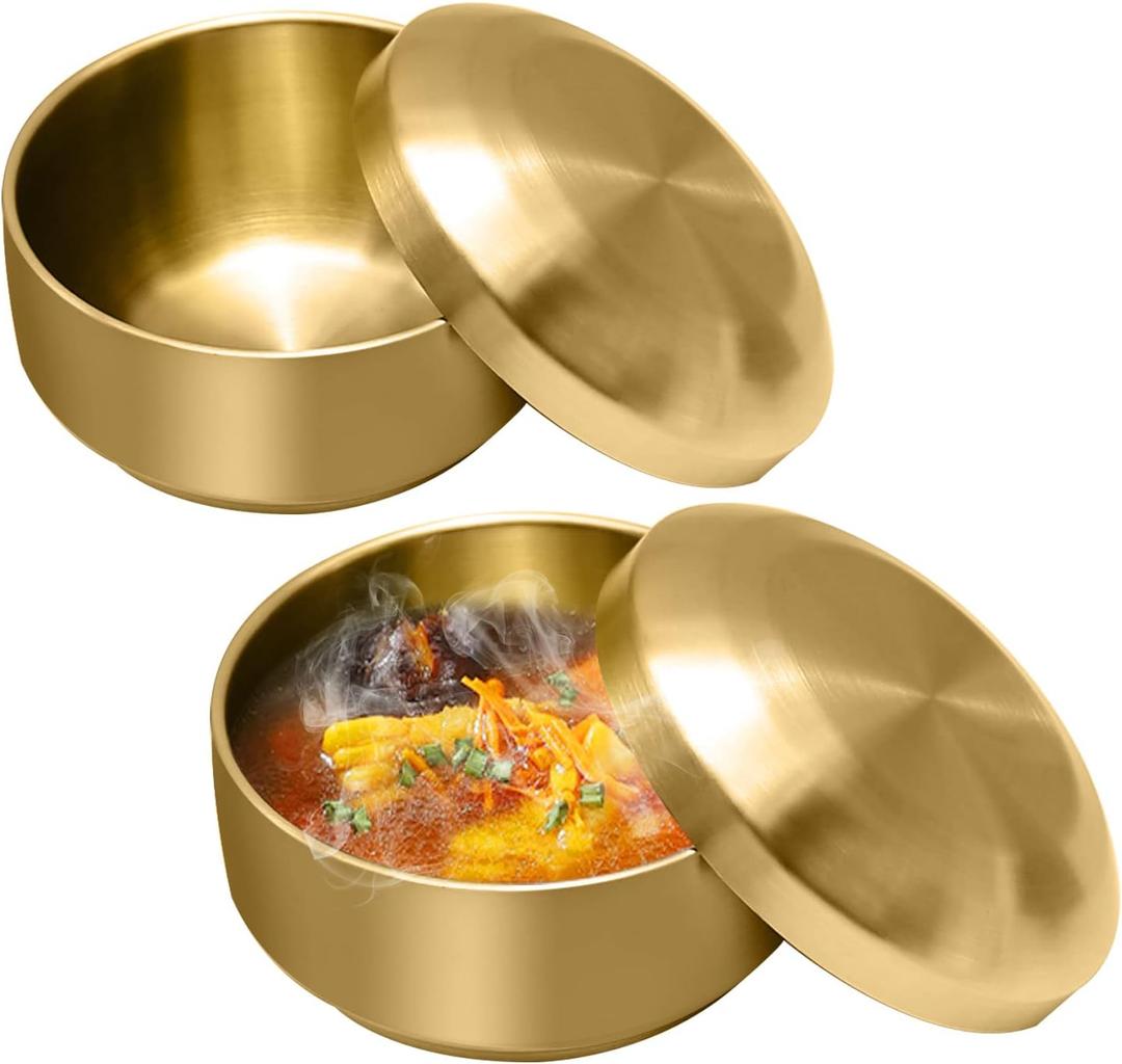 Stainless Steel Rice Bowl with Lid, Set of 2, for Korean Kitchen Restaurant, Double-walled Metal Bowls, Multi-Purpose Insulated Soup Bowls Snacks Bowls (10.5cm Gold)