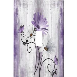 Rustic Farm Purple Daisy Floral Flowers and Butterfly on Violet Grey Wood Single Toggle Light Switch Cover Decorative 1 Gang Wall Plate Electrical Dimmer Switchplate for Country Bathroom Decor (Single Toggle Wall Plate)