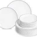 HOMIP 50PCS Fancy Disposable Dinnerware Party Set, Elegant Plates Include 25Pcs Dinner Plate 10", 25Pcs Dessert Plate 7" with Silver Bead Rimmed, Plastic Silverware for Wedding Birthday Party (White with Silver)