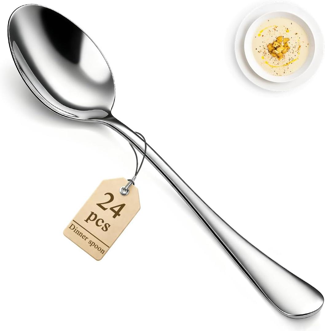 Berglander Dinner Spoons Set 24pcs, 7.36" Food Grade Stainless Steel Silverware Soup Spoon Tablespoon for Home, Kitchen or Restaurant Mirror Polished, Dishwasher Safe