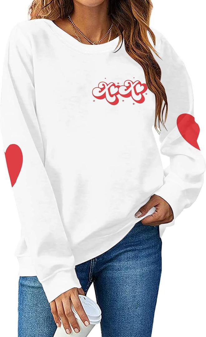 Valentines Shirt Women Love Heart Letter Print Shirts Cute Valentine's Day Long Sleeve Top (X-Large, Xo White)
