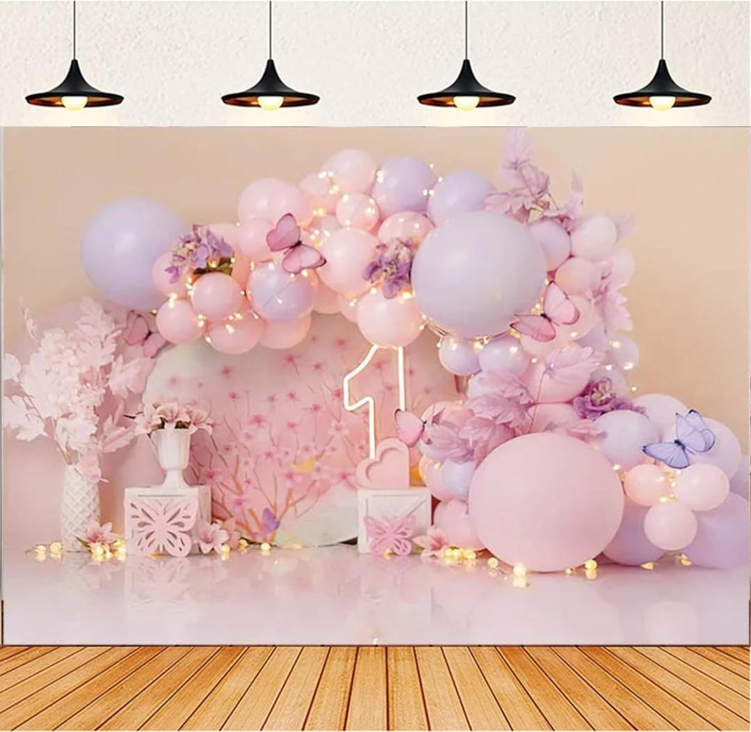 Photography Background Pink Flower Balloon Butterfly Cake Crush Girl 1st Birthday Party Decoration Backdrop Photo Studio 7x5 feet