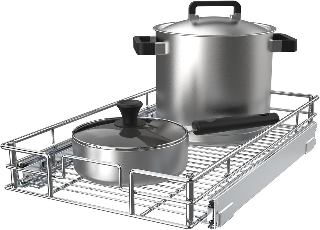 Pulloutor Pull Out Cabinet Organizer, (11" W x 21" D) Slide Out Kitchen Cabinet Storage Shelf and Drawer Organizer NEED 12" W and 22" D Cabinet, Chrome Finish