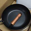 WANGYUANJI 11-Inch Carbon Steel Frying Pan with Beech Wooden Handle & Glass Lid - Physical Non-Stick, Non-Coating Skillet for Induction, Sauting, Frying, Stir-Frying (Black)