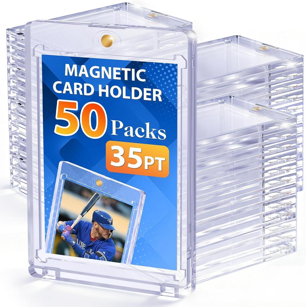 50ct Magnetic Card Holders, 35pt Magnetic Trading Card Protectors U-V Protection Display Cases, Hard Plastic Sleeves for Sports Game MTG Standard Cards (50pcs)