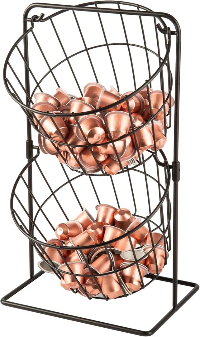 2 Tier Coffee Pod Holder - K Cup Holder Organizer,Hanging Basket Stand for Kitchen Countertop,Coffee Bar Accessories, Metal Black