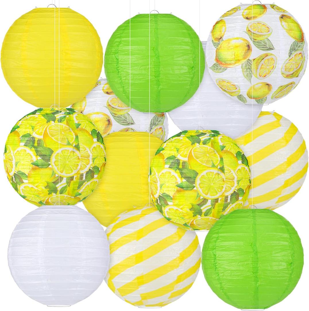 Panelee 12 Pcs Lemon Paper Lanterns Summer Lemon Theme Party Decorations Round Hanging Yellow Paper Lanterns for Summer Fruit Bridal Shower Party Decorations Supplies Indoor Outdoor