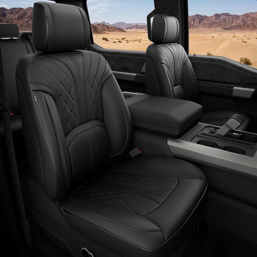 FREESOO Leather Seat Covers for Ford F150 SuperCrew 2015-2026 & F250/F350/F450 Super Duty Crew Cab 2017-2026, Waterproof Seat Covers Full Set with Lumbar Support for Pickup Trucks, Black