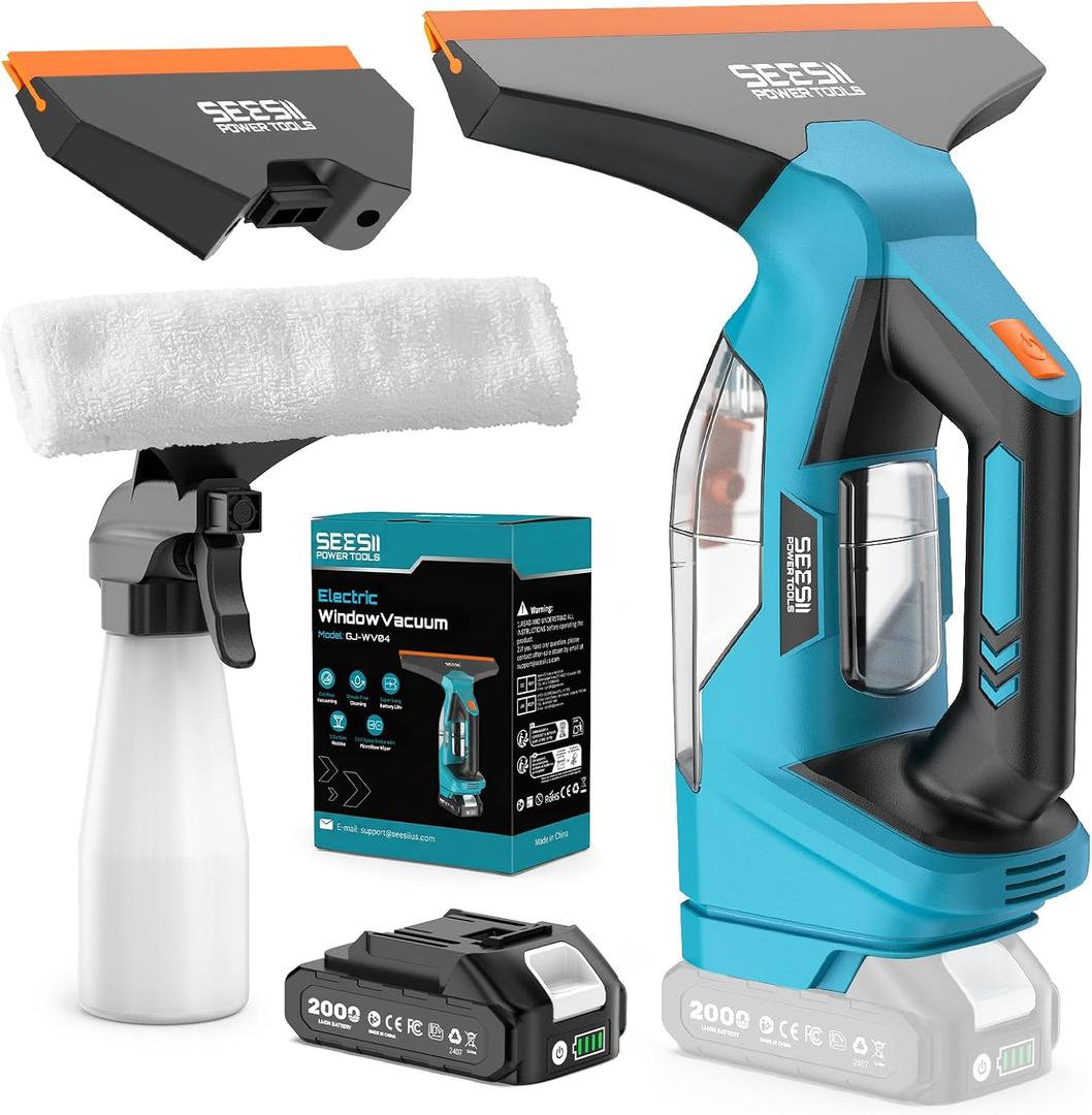 SEESII Cordless Window Vacuum Squeegee, 2000Pa Electric Window Squeegee, 60Mins Battery Life with 11" and 6.7" Squeegees for Mirrors, Glass, Tiles