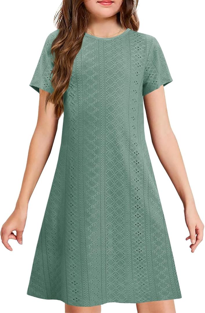 YOVION Girls Summer Dress Eyelet A-Line Casual Beach Swing Dresses 6-12 Y | Breathable fabric, Not see through lining, School Short sleeve dress with pockets for easter church vacation birthday party (Green)