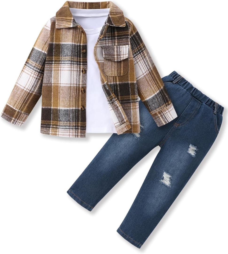 3Pcs Toddler Boy Clothes Botton Down Shirt and T-Shirt with Pants Toddler Boys Winter Clothes (Brownish Black)