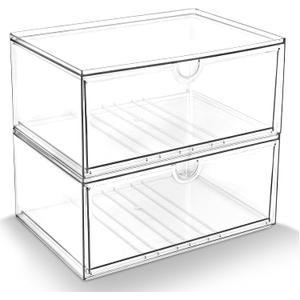 Prsildan Acrylic Makeup Organizer, 2 Pack Stackable Clear Storage Drawers for Baby Bottles Desk Organizers with 2 Drawers for Countertop Vanity Nursery Modular System for Cosmetics Jewelry