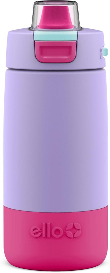 Ello Kids Colby 12oz Stainless Steel Insulated Water Bottle with Straw and Built-In Silicone Coaster Carrying Handle and Leak-Proof Locking Lid for School Backpack, Lunchbox, and Outdoor Sports (Lilac/Pink)