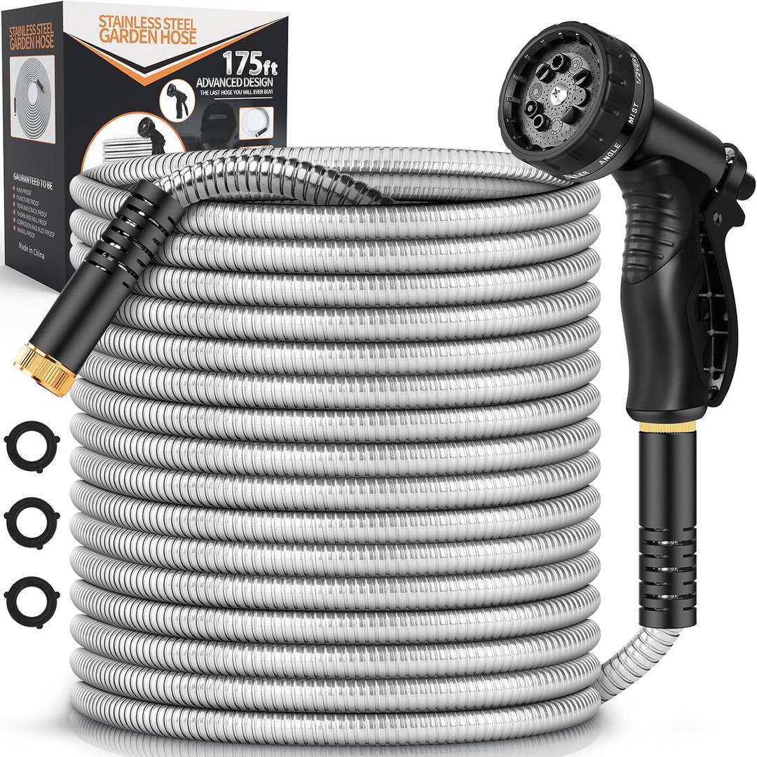 Garden Hose Metal 175FT, Stainless Steel Heavy Duty Water Hose With 10 Function Nozzle, No-Kink, Tough & Flexible, Sturdy and Lightweight, Rust Proof for Yard, Outdoor, RV