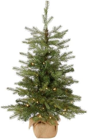 National Tree Company Pre-Lit 'Feel Real' Artificial Mini Christmas Tree, Green, Nordic Spruce, White Lights, Includes Burlap Bag Base, 3 Feet