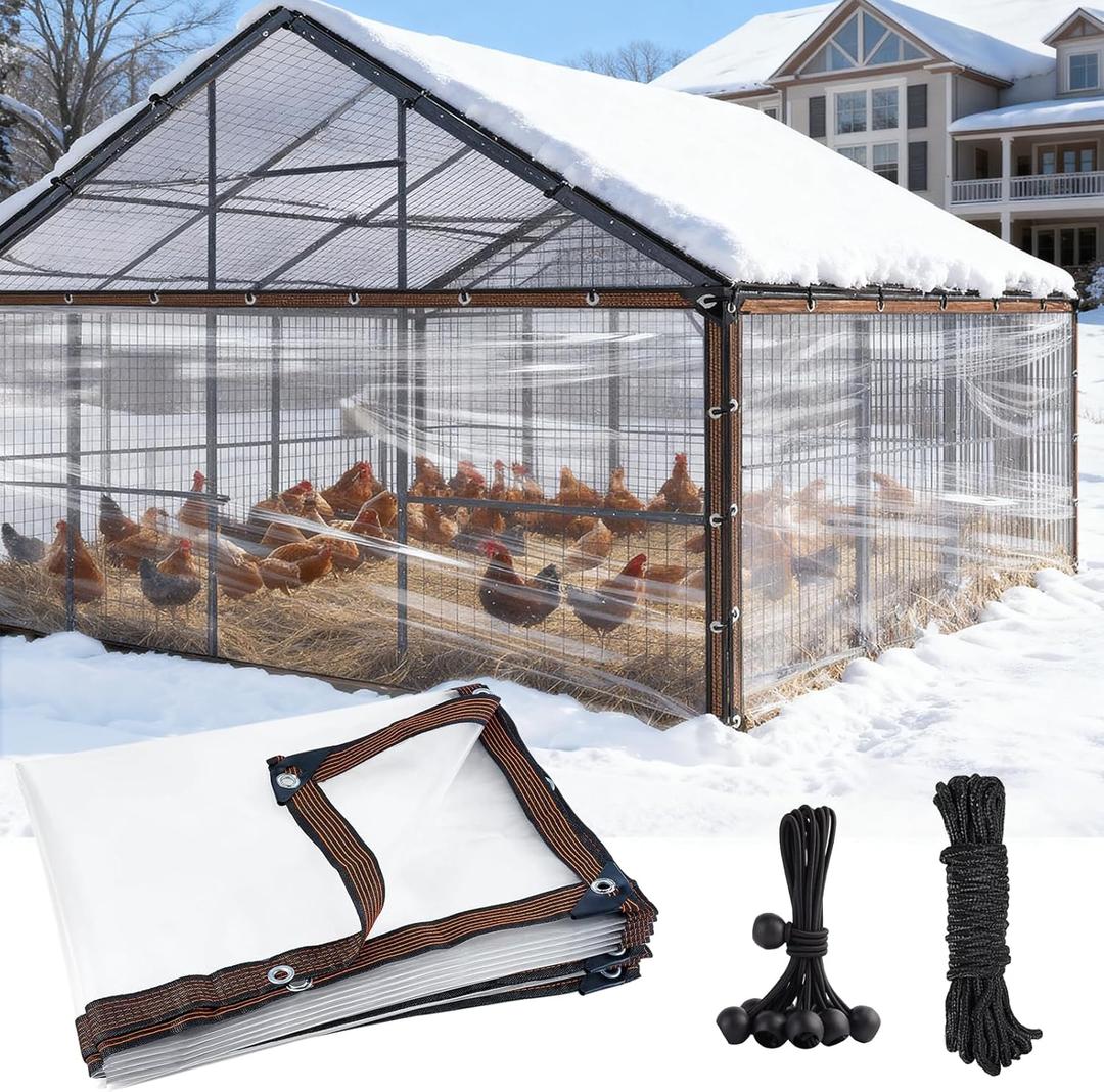 3.3 x 10 FT Waterproof Chicken Coop Cover for Winter, Durable Easy Install Chicken Run Tarp with Rope & Cable Tie, Chicken Coop Insulation Windproof Winterizing Cover for Large Cage Walk-in Run