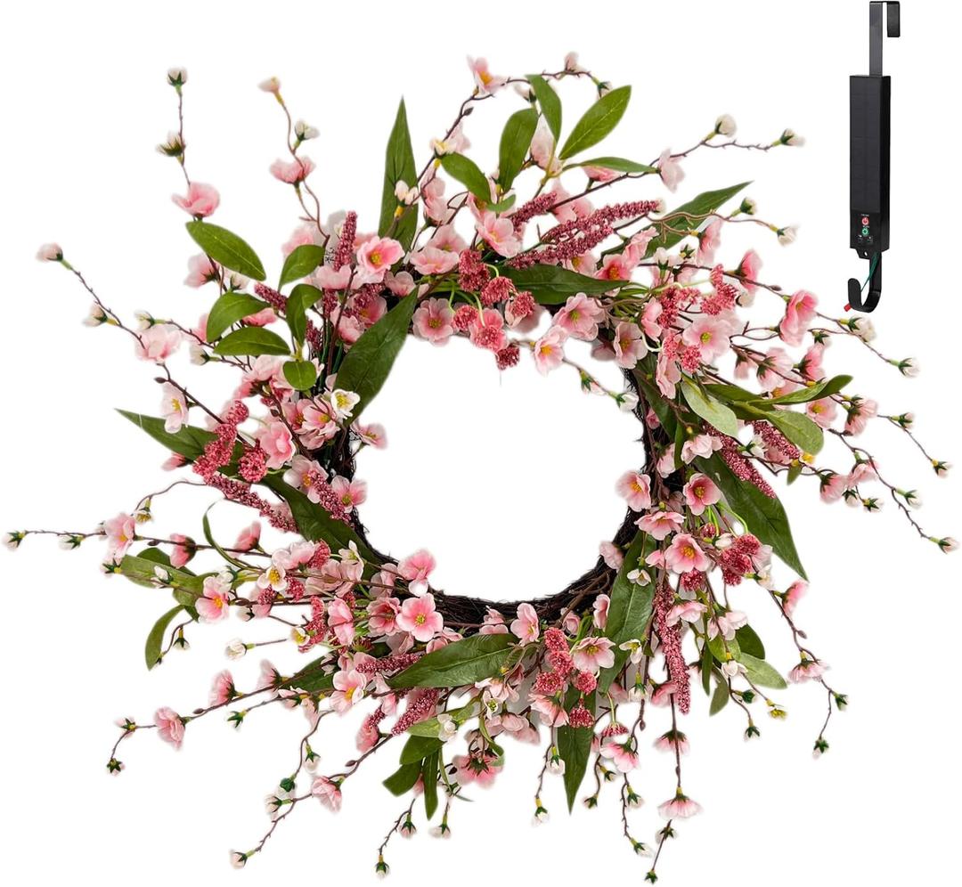 Solar Spring Wreath for Front Door Pre-lit 24inch 50LED Wreaths Spring Decorations for Home Outside Aftificial Pink Flower Wreaths Summer Decor Wreath for Wall Festival Decor