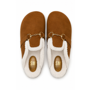 SM New York Women’s Plush Lined Suede Mule Slippers with Gold-Tone Horsebit Detail, Size 9