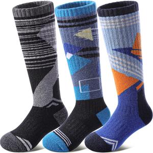 Kids Merino Wool Ski Socks Boys Girls Thermal Winter Warm Thick Cozy Socks for Skiing Snowboarding 3 Pairs (8-12 Years, Splicing Blue, Black, Grey)
