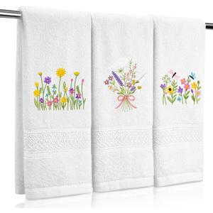 SmoothNovelty 3 Pcs Hand Towels for Bathroom Embroidered Cotton Kitchen Towels 13.3" x 29.5" Decors Gift(White,Spring Flowers)