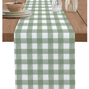Sage Green Table Runner 60 Inches Long Cotton Linen Tablerunner Dresser Scarves, Country French Rustic Buffalo Plaid Check Burlap Kitchen Dinner Cafe Table Runners Table Decor for Coffee/Party/Wedding
