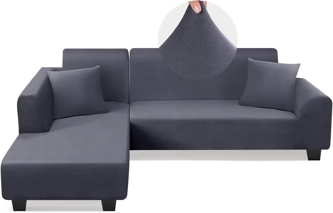 KinCam Sectional Couch Covers L Shape Sofa Covers Super Stretch 2pcs Sofa Slipcovers for 3 + 3 Seaters Sectional Chaise Slipcover with 2pcs Pillow Covers for Pets Kids, Light Grey